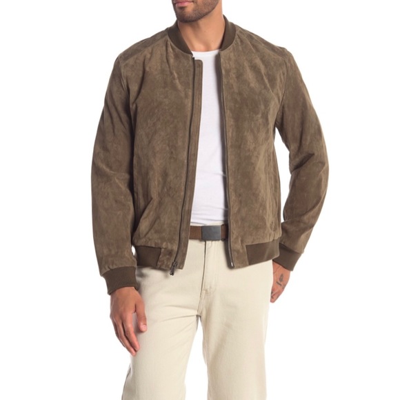 Cole Haan varsity soft olive green suede zip bomber jacket Size Medium - Picture 1 of 9